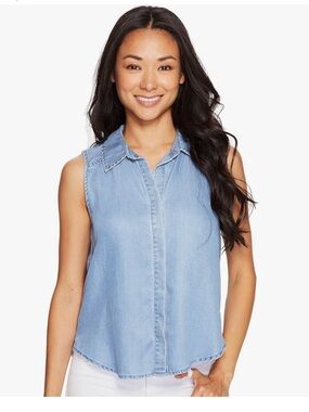 NYDJ Vara Sleeveless Chambray Tencel Top Women’s Petite Small PS Blue Denim Look